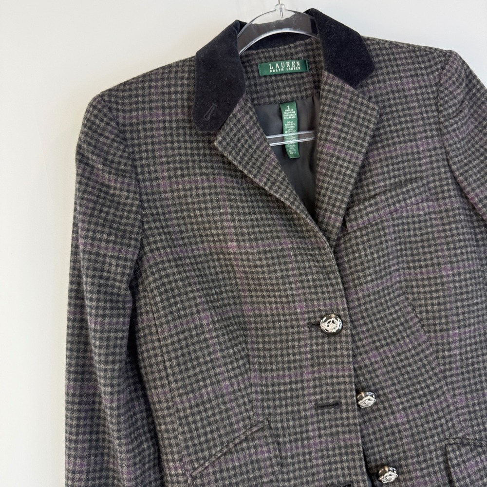 Lauren Ralph Lauren Blazer Womens 2 Grey Houndstooth Wool Blend Equestrian - Picture 2 of 12